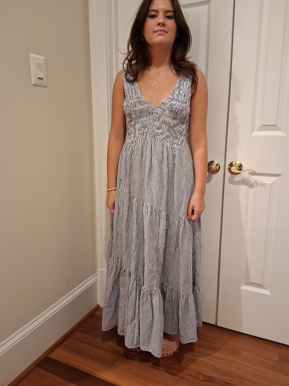 Free People Juno Blue & White Striped Tiered Maxi Dress In Small